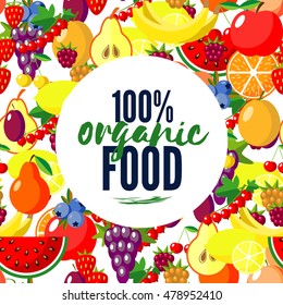Round frame with colorful vegetables. Template for packaging, cards, posters, menu. Handwritten lettering - organic food. Vector stock illustration.