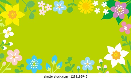 Round frame of Colorful Wildflowers - Green color background