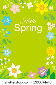 Round frame of Colorful Wildflowers, including words “Hello Spring” - Vertical layout, green color background