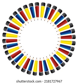 Round frame with coloring pencils. Colorful school background. Template border vector.