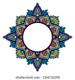 Round frame with coloring zen mandala. The object is separate from the background. Vector delicate doodle template for cards, invitation, banner and your creativity.