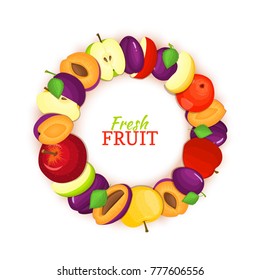 Round frame composed of delicious apple plum fruit. Vector card illustration. Apples and plums circle frame with place for text for design of food packaging juice breakfast cosmetics tea detox diet