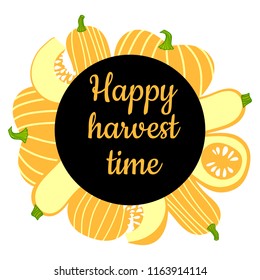 Round frame composed of delicious hand drawn pumpkins. Happy harvest time. Vector card illustration.Perfect as a background for sale banners, discount flyers, menu labels, packaging design food,etc.