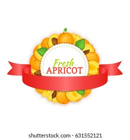 Round frame composed of ripe apricots fruit and red ribbon. Vector card illustration. Circle apricot label. Peach fruits for packaging design of healthy food, jam, fruit marmalade, juice, smoothies.