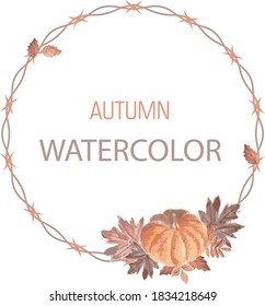 round frame with a composition of pumpkin and autumn leaves. autumn watercolor. vector.