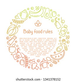 Round frame concept with baby food elements and sample text. Outline style vector illustration. Suitable for advertising