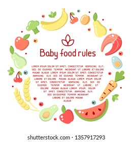 Round frame concept with baby food elements and sample text on white background. Flat style vector illustration
