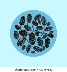 round frame with cones of alders