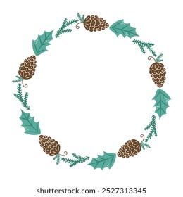 Round frame with cones and branches. Winter frame with empty space for text. Christmas and New Year. Isolated vector illustration.
