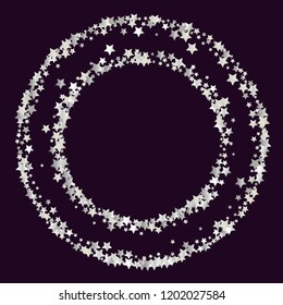 Round frame from Confetti Stars. Isolated gradient stellar elements. Platinum metal glitter. Iridescent festive celebration geometric vector template for celebration decorations, packaging.
