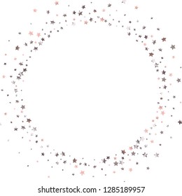 Round frame from Confetti Stars. Isolated gradient stellar elements. Pink purple pearl nacre gloss. Iridescent glitter festive  celebration vector  template for celebration decorations.