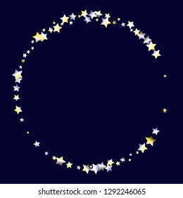 Round frame from Confetti Stars. Isolated yellow blue white grey  gradient stellar elements. Holiday celebration luminous vector template for celebration decorations, packaging.