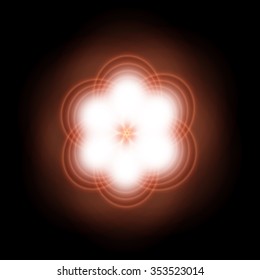 Round frame, consisting of a bright and shining glare on the black sky background, similar to bright the fantastic abstract flower.