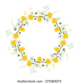 Round frame with contour dandelions and herbs on white. Pattern with flowers for your summer design, floral greeting cards, posters.