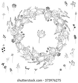 Round frame with contour tulips on white.Flowers for romantic design, decoration,  greeting cards, posters, wedding invitations, advertisement.