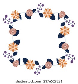 Round frame contour wreath with herbs and flowers isolated on white. Round frame Seamless pattern brush for your posters, designs, greeting cards, and wedding announcements
