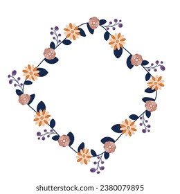 Round frame contour wreath with herbs and flowers isolated on white. Round frame Seamless pattern brush for your posters, designs, greeting cards, and wedding announcements