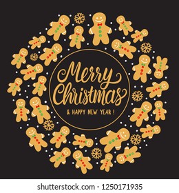 Round frame with Cookie man gingerbread. Vector illustration on black background. Merry Christmas holiday design with lettering inscription.