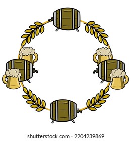 Round frame, copy space, wooden barrel with foam drink, beer with barley, oktoberfest, vector illustration in cartoon style on white background