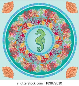 Round frame with Coral Reef and Marine life - Underwater ornamental background.