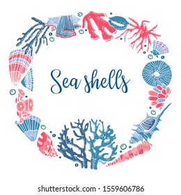Round frame with corals and shells. Hand drawn color vector cartoon illustration on white background