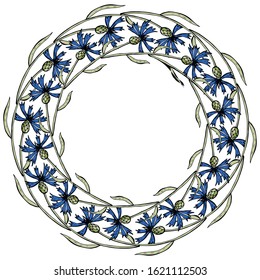 Round frame with cornflowers. Wreath in a romantic style. Holiday element for seasonal design. Round garland for cards, congratulations.