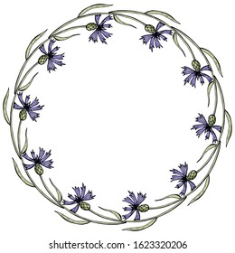 Round frame with cornflowers. Wreath in a romantic style. Holiday element for seasonal design. Round garland for cards, congratulations.