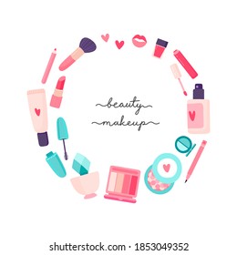 Round frame from cosmetics for make-up. Foundation, powder, mascara, lipstick, perfume, eyeshadow palette, blush, lip gloss, pencil, nail polish. Vector illustration.