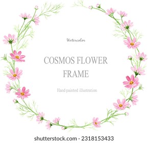 Round frame of cosmos flower painted by watercolor