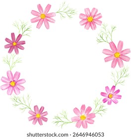 Round frame of cosmos flowers painted in watercolor