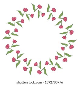 Round frame with cozy horizontal blooming pink tulips on white background. Isolated frame of flowers for your design.
