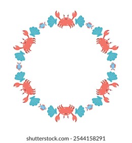 Round frame with crabs and shells. Red crabs and white background. For postcards and posters. Vector illustration.