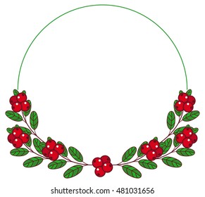 Round frame with cranberries with free space for text. Forest gifts. Vector clip art.