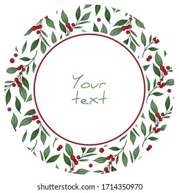 Round frame with cranberry twigs and greenery; berry frame for greeting cards, invitations, posters, banners, web design.