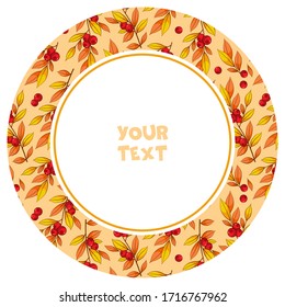 Round frame with cranberry twigs on orange background; berry frame for greeting cards, invitations, posters, banners, packaging.