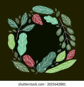 Round frame created of fresh green leaves vector flat style drawing over dark, perfect floral border, spring and summer theme.
