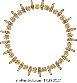 Round frame with creative beer mugs and bottle on white background. Vector image. 