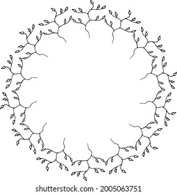 Round frame with creative black-and-white branches on white background. Doodle style. Vector image.