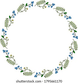 Runder Rahmen mit kreativen Butterschalen und Blumen vergessen-ich-nicht auf weißem Hintergrund. Vektorbild. 