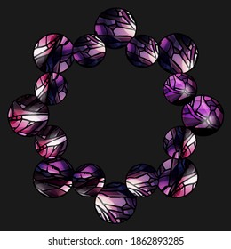Round frame of crystal balls, pink, violet, black, glass, mosaic, stained glass, brilliant, gem, jewelry, treasure, round, circles, cartoon style, edge, text area, text space, advertising, banner, cut