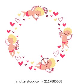 Round frame of cupids and hearts. Cupids fly, play romantic music on the strings of the lyre. Cupid fires a crossbow to evoke love. Pattern for valentine's day. Flat vector illustration.