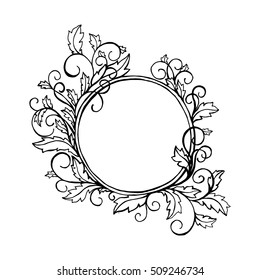 Round frame with curly ornamental border. For picture or photo. Black element, coloring book page cover design. Vector isolated illustration