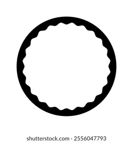 Round frame with curvy inner borders. Circle shape with wavy inside texture. Photo or mirror vignette, empty textbox, tag or label, design elements for scrapbooking album. Vector graphic illustration.