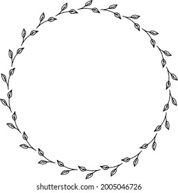 Round frame with cute black-and-white branches on white background. Doodle style. Vector image.

