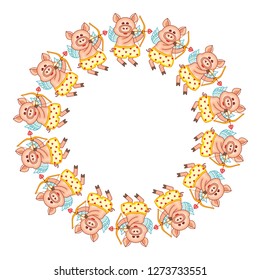 Round frame with cute cartoon Cupid pigs