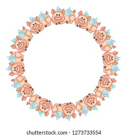 Round frame with cute cartoon Cupid pigs