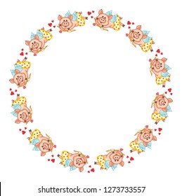 Round frame with cute cartoon Cupid pigs
