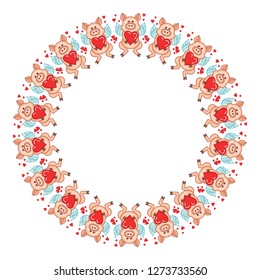 Round frame with cute cartoon Cupid pigs