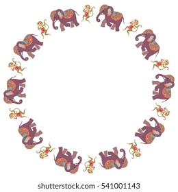 Round frame with cute cartoon elephants and dancing monkeys with clematis on white background. Vector illustration. Space for text. Packaging design.