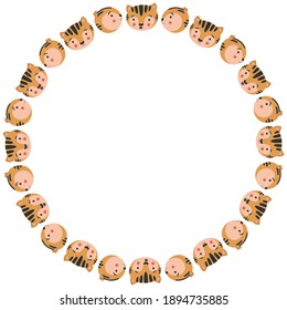 Round frame of cute cartoon faces of tiger cubs looking forward and turned in profile with emotions of calmness and happiness on a white background. Template for a text from red cat heads. Vector.